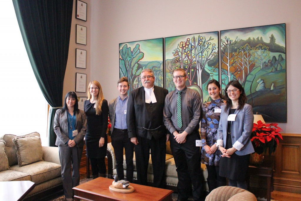 Tammy Villeneuve (OLA), Andrea Kellner, Justin Boyle, MPP Dave Levac, Kyle Novakowski, Dessi Loukov and Dr. Dawn Bowdish meet to discuss the Lung Health Act. 