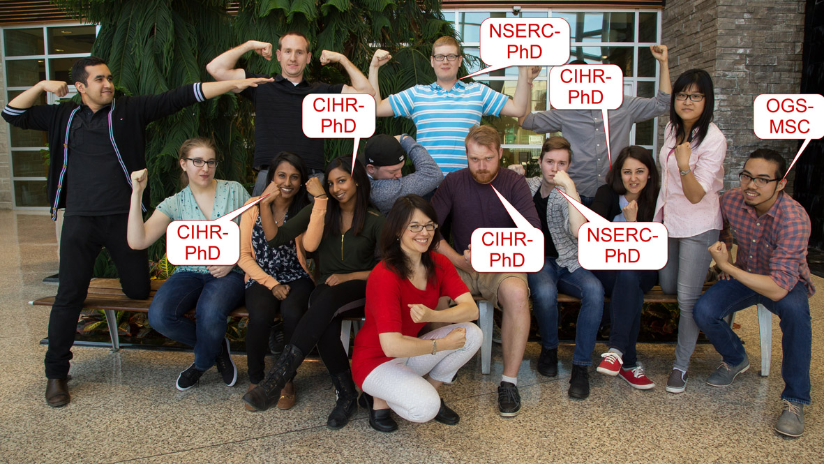 Who's got the strongest lab at McMaster? I do! Bowdish lab scholarship winners 2015/2016: Netusha Thevaranjan (CIHR-PhD), Avee Naidoo (CIHR-PhD), Kyle Novakowski (NSERC-PhD), Pat Schenck (CIHR-PhD), Dessi Loukov (CIHR-PhD), Justin Boyle (NSERC-MSC).
